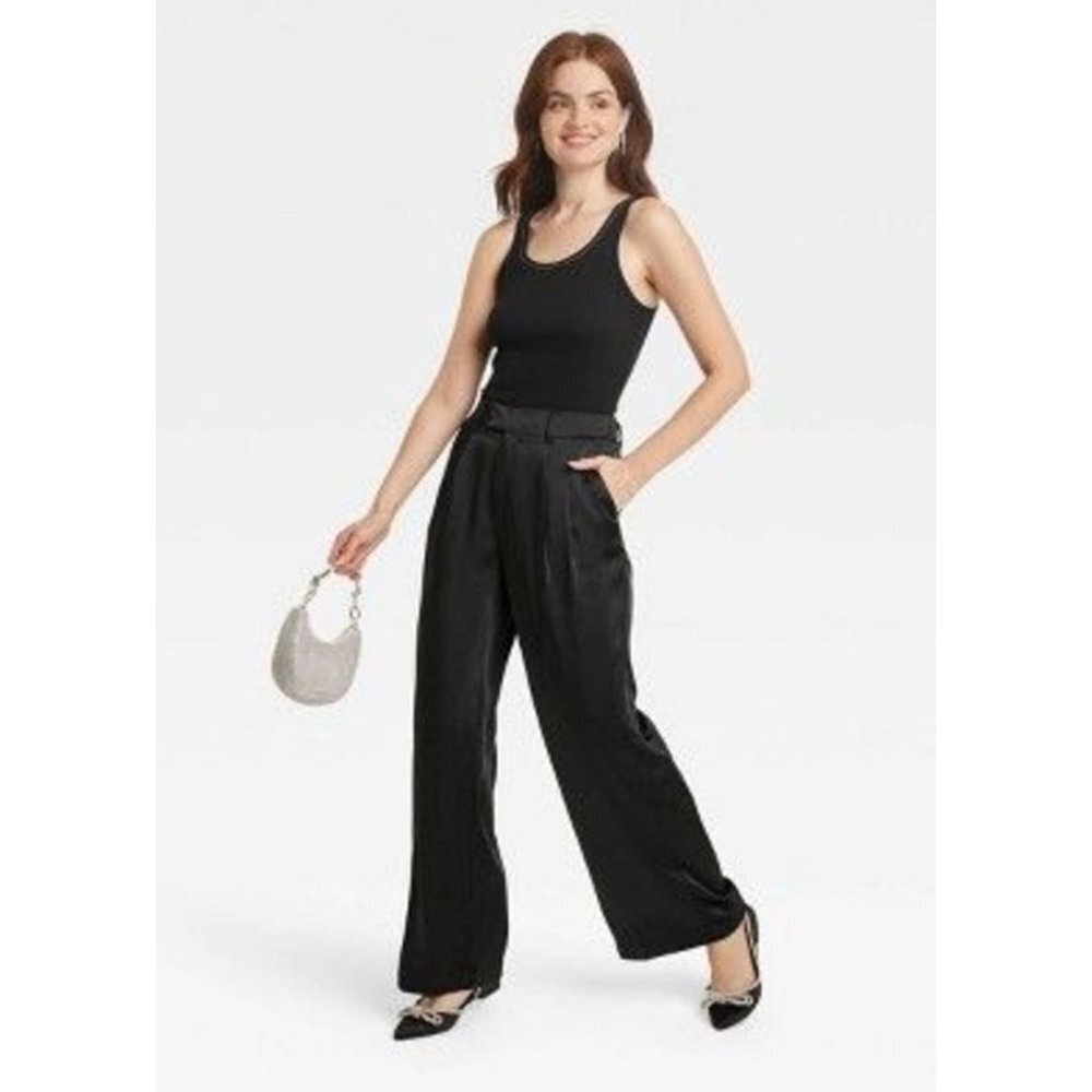 A New Day Womens Black Wide Leg Satin Pants